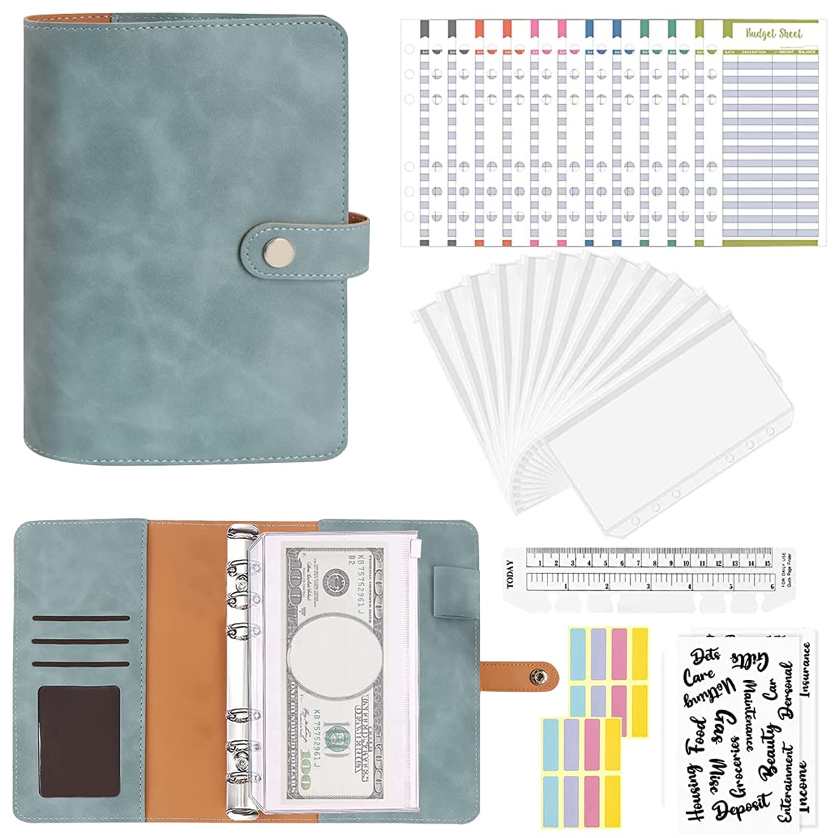 HASTHIP File Folder Ring Binder Notebook Set, A6 PU Leather Binder Clip with 12 Envelopes, 12 Budget Sheets, 2 Label Stickers, 1 Ruler, Ring Binder Clip Stationery Supplies (Blue) HASTHIP File Folder Ring Binder Notebook Set, A6 PU Leather Binder Clip with 12 Envelopes, 12 Budget Sheets, 2 Label Stickers, 1 Ruler, Ring Binder Clip Stationery Supplies (Blue)